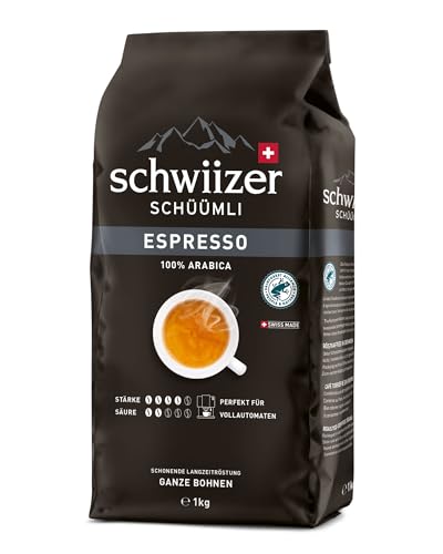 Schwiizer Schüümli Espresso, 100% Arabica Kaffeebohnen, kräftig-intensiv, ideal für Vollautomaten, Stärke 4/5, mittlere Röstung, Rainforest Alliance, 1kg