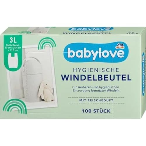 Babylove Windelbeutel mit Tragegriff, Hygienische Entsorgung, Frischeduft, Praktische Klappöffnung 100 beutel