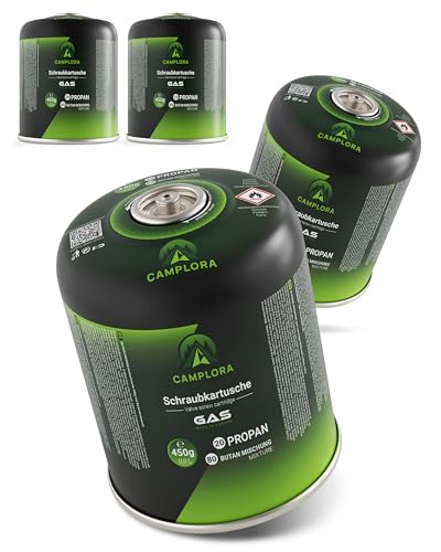 CAMPLORA 4x 450g Gaskartuschen passend für Weber Gasgrill Q100/1000-Serie, Propangas & Butangas, Schraubkartusche mit Gewinde für Campingkocher Gas Kartuschen Schraubventil Gasflaschen butane