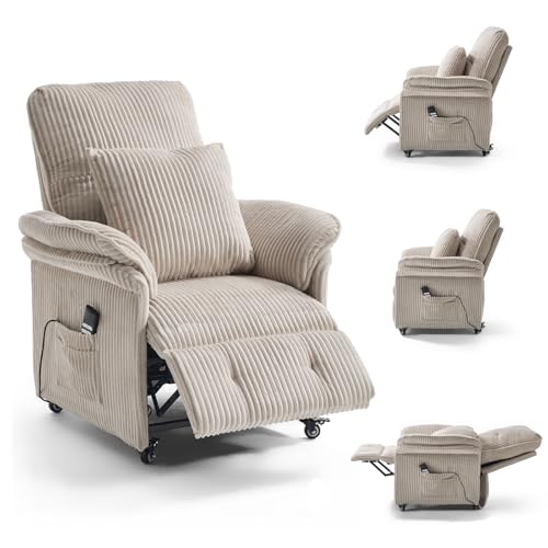 Asukale 2 Motoren Elektrischer Relaxsessel, Fernsehsessel mit Liegefunktion, TV Sessel Wohnzimmer mit Rollen, Verstellbarer Rückenlehne & Fußstütze, 2 Seitentaschen, Cord Couch, Beige
