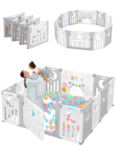 Dripex Laufstall Baby, laufgitter baby aus Kunststoff, laufstall baby faltbar 150×150cm, laufstall mit Tür und Spielzeugboard 14-Paneele