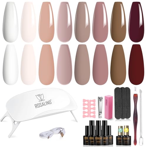 ROSALIND Gelnägel Starterset, 8+2 Stück Gel Nagellack mit UV Lampe Nude Braun Weiß Gelnägel UV Nagellack Set Starterset Maniküre Nageldesign-Set