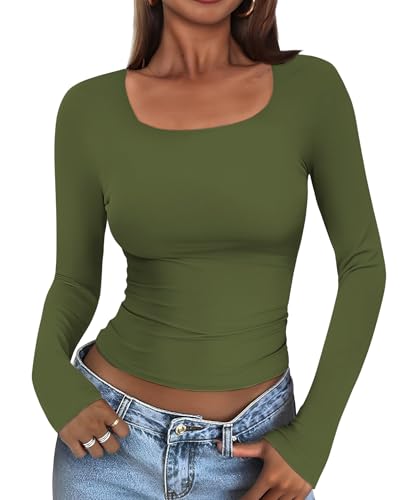 Cuptacc T Shirt Damen Langarm Sommer Leicht Und Luftig Langarmshirt Eng U-Boot-Ausschnit Airy Skims Dubs Top Komfort Unterziehshirt Armeegrün S