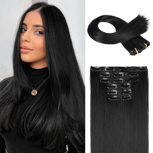FLUFYMOOZ 6PC Clip in Hair Extensions, 6-teiliges Clip-in-Haarverlängerungsset, 61 cm, glatt, lang, Extensions für Frauen, synthetisches Haarteil (Schwarz)