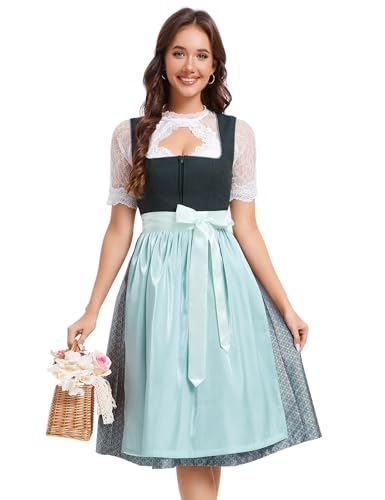 YesFashion Dirndl Damen Midi Trachtenkleid Jacquar Trachtenmode Dirndlkleid inkl. Dirndlbluse Dirndlschürze 3 teilig für Oktoberfest Besondere Anlässe Dunkelgrün 48