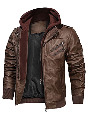 HOOD CREW Herren-Motorrad-Bomberjacke aus PU-Kunstleder mit abnehmbarer Kapuze, braun, 4XL