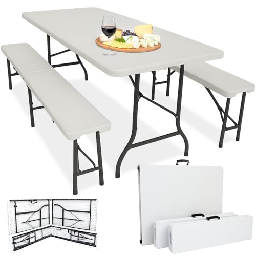 Devillo® Bierzeltgarnitur klappbar 3‑teilig – Tisch 180x74x72 cm + 2 Bänke 180x25x43 cm – Campingtisch, wetterfest & pflegeleicht, Anti‑Rutsch – mit Tragegriffen – für Camping, Garten – Weiß