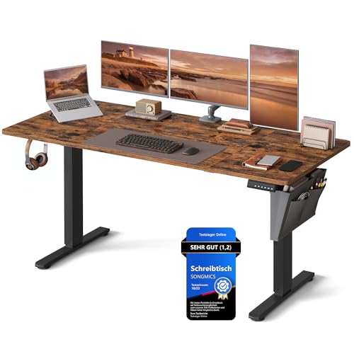 SONGMICS Höhenverstellbarer Schreibtisch elektrisch, 160 x 70 cm, stufenlos verstellbar, Memory-Funktion mit 4 Höhen, vintagebraun LSD136K01