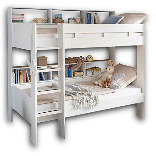 JUSA Hochbett mit Leiter & zwei Liegeflächen 90 x 200 cm - Platzsparendes Kinder Etagenbett in weiß - 129 x 189 x 210 cm (B/H/T)
