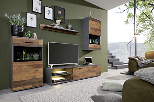 trendteam smart living - Mango - Wohnwand - Eiche/Grau - Anbauwand mit 2 Türen, 1 Klappe, 2 offenen Fächern, 1 Einlegeboden - (BxHxT) 246 x 182 x 37 cm - empfohlen für: Fernseher, Receiver, Bücher