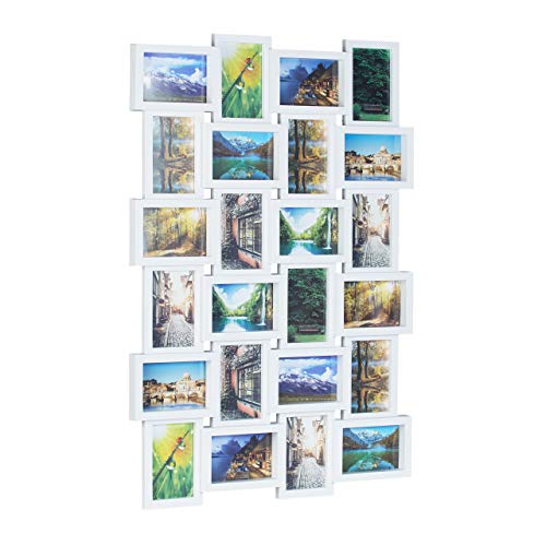 Relaxdays Bilderrahmen für 24 Fotos, 10 x 15, Fotorahmen zum Hängen, Fotocollage gestalten, HBT: 59 x 86 x 2,5 cm, weiß, Plastik, 87 x 60.5 x 3 cm