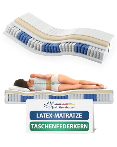 AM Qualitätsmatratzen Latex-Taschenfederkernmatratze 90x200cm H2 24cm - Made in Germany & Oeko TEX Siegel - 7 Zonen Latex-Federkernmatratze 90x200 mit 480 Federn & Lyocell Bezug
