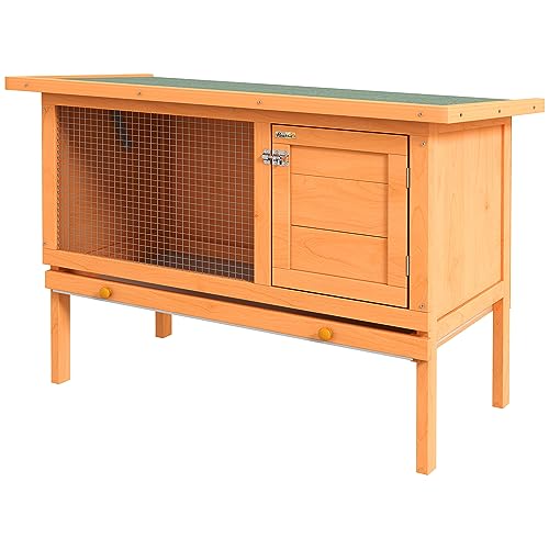 PawHut Hasenstall Winterfest Kaninchenstall aus Holz 90 x 45 x 65 cm wetterfest Kaninchenkäfig mit Tür, Metallgitter, Hasenkäfig für Kaninchen, Meerschweinchen Outdoor Natur