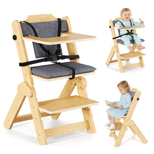 Babyhochstuhl, Holzhochstuhl Multifunktional Ergonomisch Höhenverstellbar mit 5-Punkt-Sicherheitsgurt, für 6 Monate bis 10 Jahre, 25 kg Tragkraft, einfache Montage