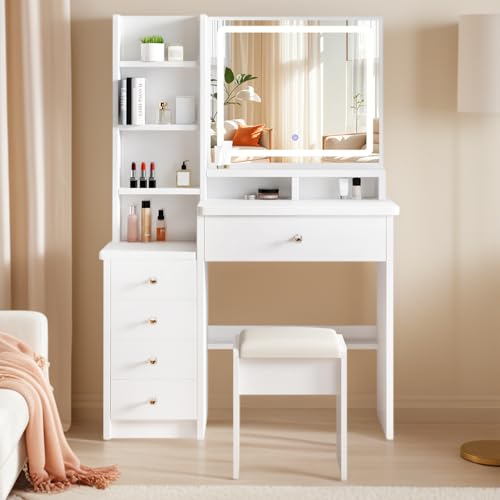 YuYe Schminktisch mit LED-Beleuchtung, Spiegel einstellbare Helligkeit, Schminktisch mit Stuhl, Frisiertisch mit 5 Schubladen und 3 Ablagen, Modern Kosmetiktisch aus Holz Weiß (154)