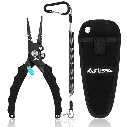 FLISSA Multifunktionale Angelzange, Multi-Angelzange, mit Hakenlöser, Sicherheitsverriegelung, TPR-Griff, Edelstahlbacken, Sharfe Schneidklingen, mit Lanyard & Tragetasche, für Angeln