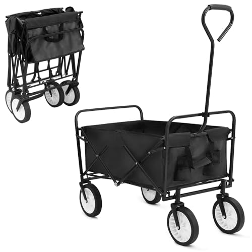Bollerwagen Transportwagen Faltbar Handwagen mit Seitentasche, 98L/80KG Belastbar Strandwagen Klappbar, All Terrain Gartenwagen, für Einkaufen, Camping, Strand, Transport, Outdoor (Schwarz)