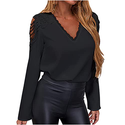 Elegante Spitzenbluse Damen Oberteile mit Spitze Nähten und modischen Blumen Einfarbiger Pullover Pulli Tops mit tiefem V Ausschnitt und Aushöhlen Herbst Langarmshirts Baggy Tunika Partykleidung