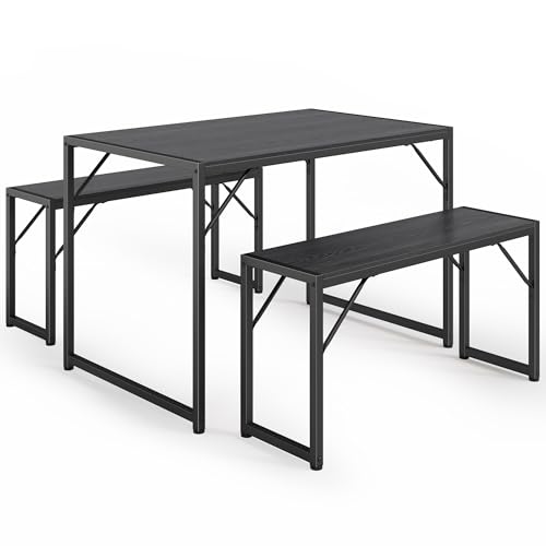 Bealife Esstisch 3er-Set, Küchentisch mit 2 Bänken, platzsparend, stabiles Stahlgestell, 3-teilig, höhenverstellbare Tischfüße, Pflegeleichte Oberfläche, für Esszimmer und Küche (Schwarz)