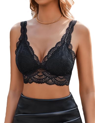 Avidlove Spitze Damen BH Sexy Everyday Bra Ohne Bügel BHS V-Ausschnitt Atmungsaktiv Bralette Vollschalen Minimizer Bras Lace BH-Unterwäsche,SchwarzS