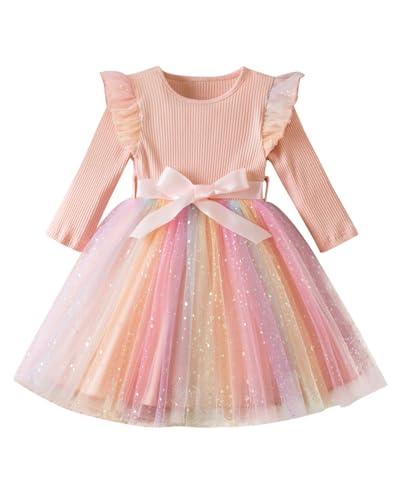 JiAmy Regenbogenkleider Mädchen Langarm Mädchenkleider Rippstrick Rainbow Tüllkleider Kinderkleid Rock mit Gürtel und Pailletten für 3-4 Jahre,Rosa