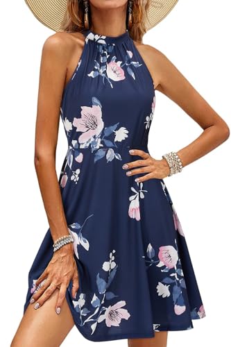 OUGES Sommerkleid Damen Knielang Neckholder Kleid Sommer Blumenmuster Elegant Cocktailkleid