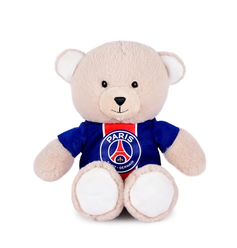 PSG – Plüschtier Maskottchen Bär – 23 cm – offizielles Lizenzprodukt Paris Saint-Germain – abnehmbares Trikot Paris mit Streifen Hechter – Teddybär sehr weich – Souvenir PSG für Kinder & Fan Fußball –
