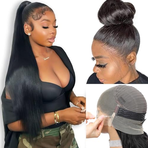 RXY Hidden Straps Perücke Damen Echthaar 360 Full Lace Front Human Hair Wig With Drawstring,Invisible Strap 200% Dichte Straight Echthaar Perücke Pre Plucked With Baby Hair for Women 24 Zoll(61cm)
