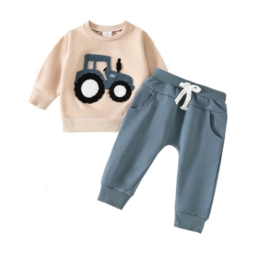 Generisch Outfit Taufe Junge 2 Teilig Babykleidung Set Baby Jungen Traktor Auto Jogginganzug Langarm Sweatshirt + Hose Kleinkinder Kleidung Outfit Set Pullover Und Hose Zweiteiler (Blue, 6-12 Months)