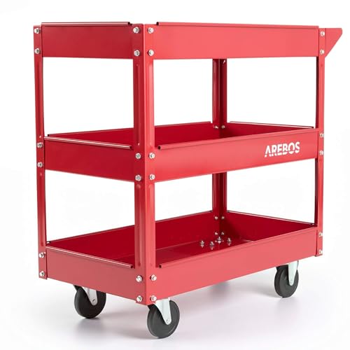 Arebos Werkstatt-Rollwagen | Montagewagen mit 3 Ablagefächern | bis 120 kg belastbar | robuster Werkzeugwagen aus Stahl | Mobile Transporthilfe mit 2 Lenkrollen | für Werkstatt, Garage & Hobbyraum