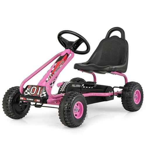 COSTWAY Gokart mit verstellbarem Sitz, Go Kart mit Handbremse, Tretauto bis 30 kg belastbar, Pedal Go Cart, Tretfahrzeug, Pedalfahrzeug, Kinderfahrzeug für Kinder ab 3 Jahren (Rosa)