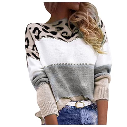 Generic Pullover Damen Leopard Strickpullover Langarm Rundhals Sweater Patchwork Sweatshirt Herbst Winter Elegant Pulli Warme Lose Blusen Oberteile Tops, Grau, L