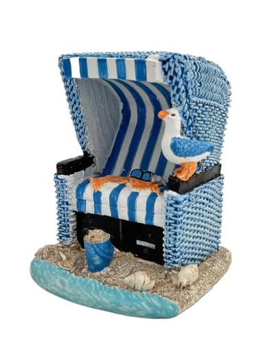 Heiko Blume Mini Strandkorb Deko Blau‑Weiß – Handbemalte Maritime Miniatur aus Kunstharz, 11,5 × 9 × 9 cm, Strand‑Dekoartikel fürs Wohnzimmer/Badezimmer/Büro, Küsten‑Geschenkidee