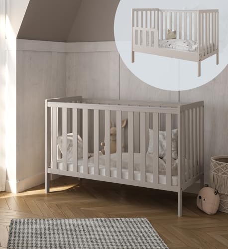 zee - Babybett Kinderbett, 2w1 Bett Bambi - Dreistufige Einstellung für Nicht Sitzendes, Sitzendes und Stehendes Kind - Zwei Abnehmbare Sprossen - mit Geländer - 60x120x86cm, Cachemire