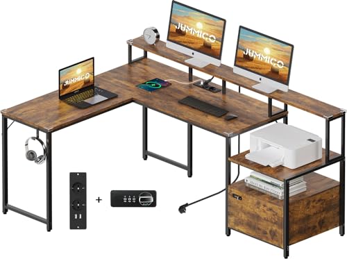 JUMMICO Eckschreibtisch 170x120cm mit USB-Ladeanschluss und Steckdose Schreibtisch L Form mit MonitorstäNder Ecktisch mit Schubladen,Computertisch FüR HeimbüRo(Vintage-Braun)
