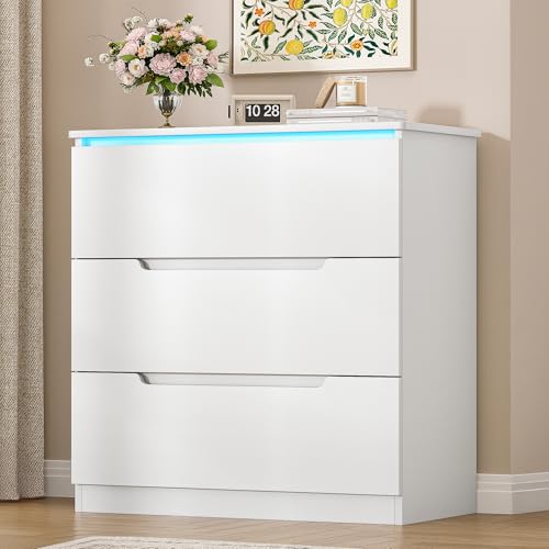 Hzuaneri Kommode, Mit LED-Beleuchtung, Kommode mit 3 Schubladen, Spind mit Beleuchtung, Moderner Stil, Geeignet für Wohnzimmer und Schlafzimmer, 40 x 70 x 80 cm, Weiß DC01303XEU