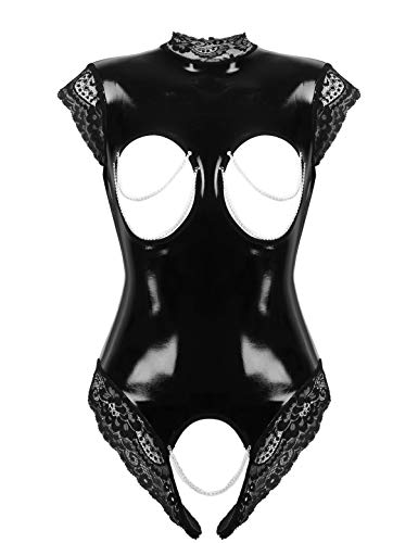 Freebily Damen Wetlook Body Brustfrei Latex Catsuit Kleid Ouvert Lackleder Bodysuit Nachtwäsche Pole Dance Nachtclub Outfit Schwarz S