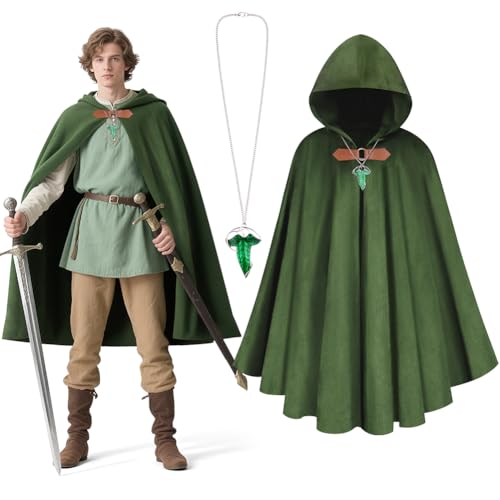 BSBUY Unisex Mittelalter Set mit Umhang und Grüne Blattkette Mittelalter Umhang mit Kapuze Renaissance Cloak Wikinger Kleidung Damen Cape Herren Gandalf Kostüm Halloween Costume Umhang Karneval (Grün)
