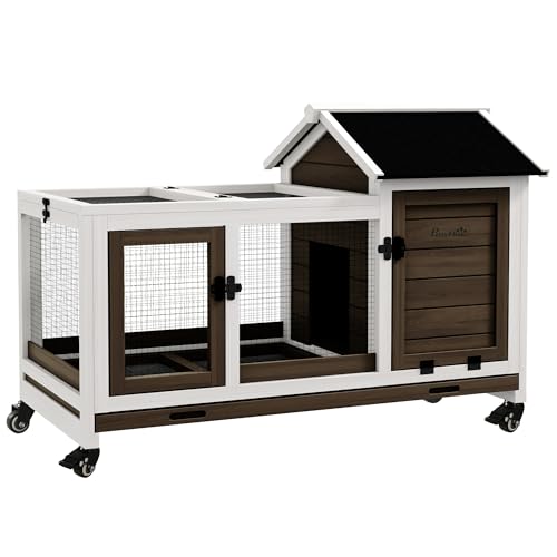 PawHut Zwergkaninchenstall aus Holz, 108 x 58 x 73,5 cm Kleintierstall mit Freilaufgehege, Rädern, Klappdach, Zwergkaninchenkäfig mit Ausziehbarem Tablett für Indoor, Outdoor, Kaffee