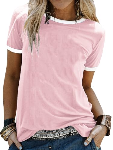 Awemeal T-Shirt Damen Sommer Oberteil Tee Shirt Rundhals Kurzarm Basic T-Shirts Bluse Einfarbig Casual Blusenshirt Top Hemd (M, Rosa)