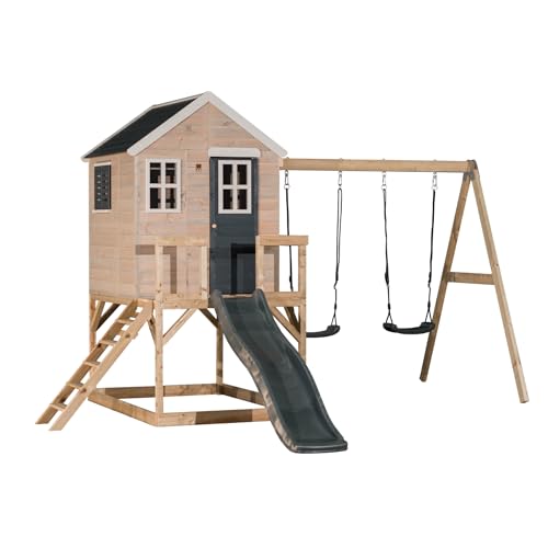 Wendi Toys M28 Stelzenhaus mit Rutsche und Doppelschaukel, Spielhaus aus FSC-Holz für Kinder Garten Outdoor, Podest 90 cm, 330 × 405 × 242 cm, mit 175 cm Rutsche, Sandkasten, wetterfest