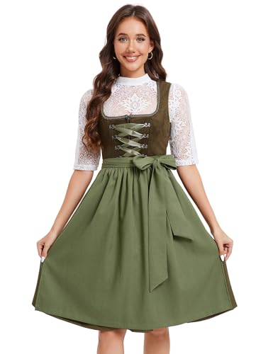 YesFashion Dirndl Damen Midi Dirndl-Komplettsets Trachtenkleid Kurz mit 3 Teilig inkl. Dirndlkleid Dirndlbluse Dirndlschürze Trachtenmode für Oktoberfest Gr.34-52 Armeegrün 40