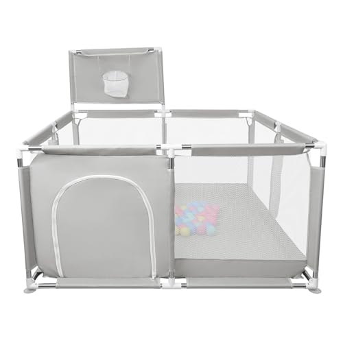 Laufstall Baby,Laufstall baby faltbar für Babys mit weichem,Baby Laufstalls mit Reißverschlusstür,Kinder laufgitter,inklusive 50 Bällen,4 X Zugringen,Leicht zu Reinigen (126x126x66cm Hellgrau)