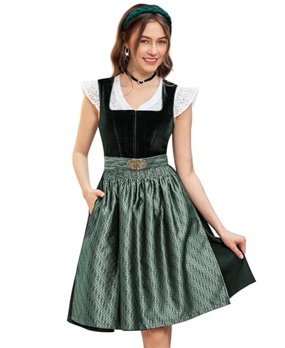 DIRNDLSTERN Damen Trachtenkleid Grün - Trachtenrock Midi Samt Dirndlkleid Oktoberfest Outfit mit Dirndlschürzen 38