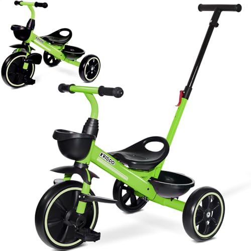 KRIDDO 2-in-1 Kinder Dreirad für 18 Monate bis 5 Jahre - mit verlängerter Schubstange für müheloses Schieben, Kinder 3-5 Jahre, Dreirad mit klappbarer Fußstütze vorne, Grün