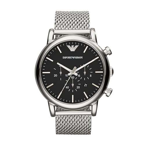 Emporio Armani Watch For Men, Chronograph Movement and 46mm Case Size with Stainless steel, Leather or Silicone strap Silberton und Schwarz , 46MM