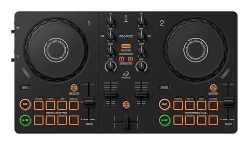 AlphaTheta/Pioneer DJ DDJ-FLX2 Einsteiger-DJ-Controller – Tragbarer USB-betriebener 2-Kanal-Controller mit professionellem Layout – Kompatibel mit Musik-Streaming-Diensten – Perfekt für neue DJs