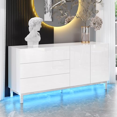 LUXOAK Sideboard Hochglanz Weiß mit LED, Modernes Sideboard mit 2 Türen & 3 Schubladen, Wohnzimmer, Kommode mit elektroverchromten Akzenten, 160 x 76 x 40 cm