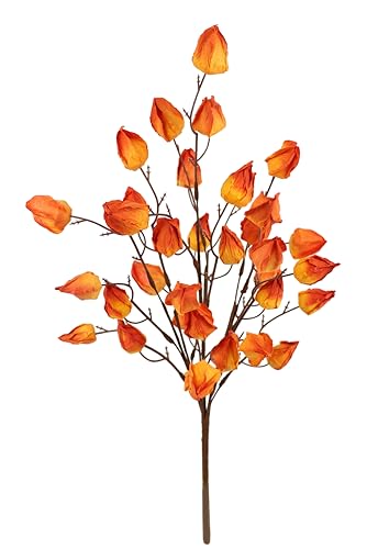 Physalis Busch künstlich 52 cm Lampion Herbstlich Blume Physalis-Zweig Herbst-Deko Kunstblume Herbstblume Seidenblume Zweig für Vase Halloween Dekozweig für Girlanden Kränze Herbstkränze