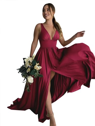 BABYONLINE D.R.E.S.S. Cocktailkleid für Damen, schick, lang, Empire-Taille, V-Ausschnitt, rückenfrei, mit Schlitz, bordeaux, 44